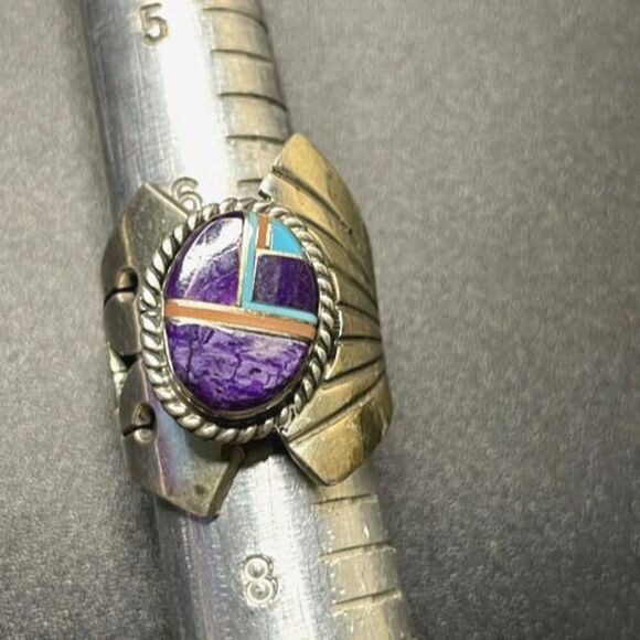 Artisan Native Turquoise, Lapis, charoite Sterling Silver Ring Sz 9 adjustable - Picture 1 of 3